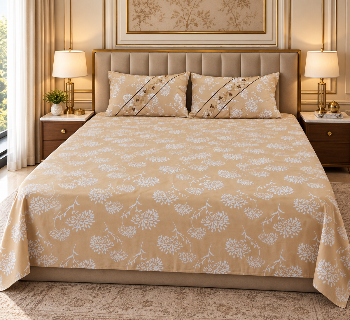 Premium Beige Floral Bedsheet Set