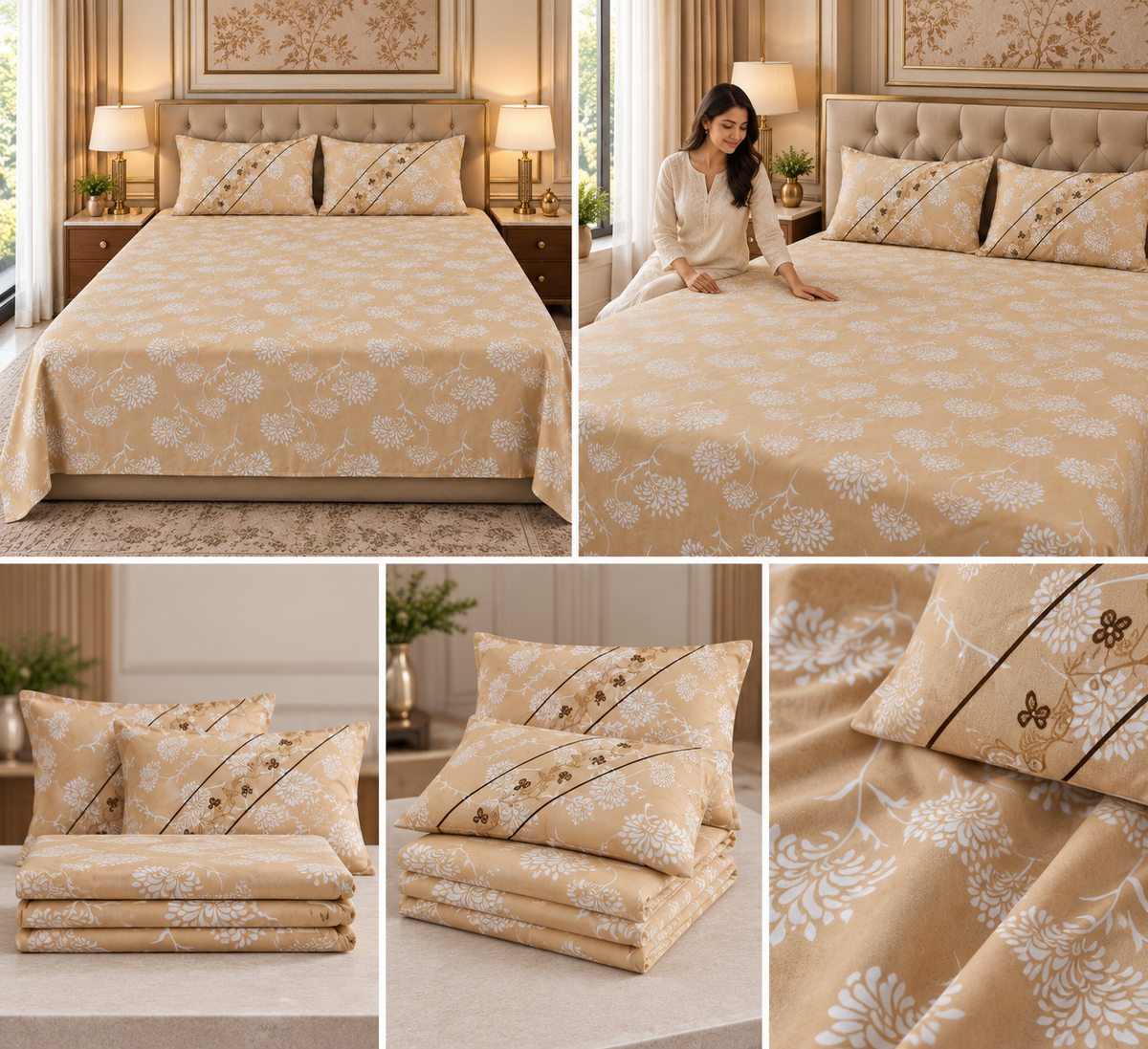 Premium Beige Floral Bedsheet Set