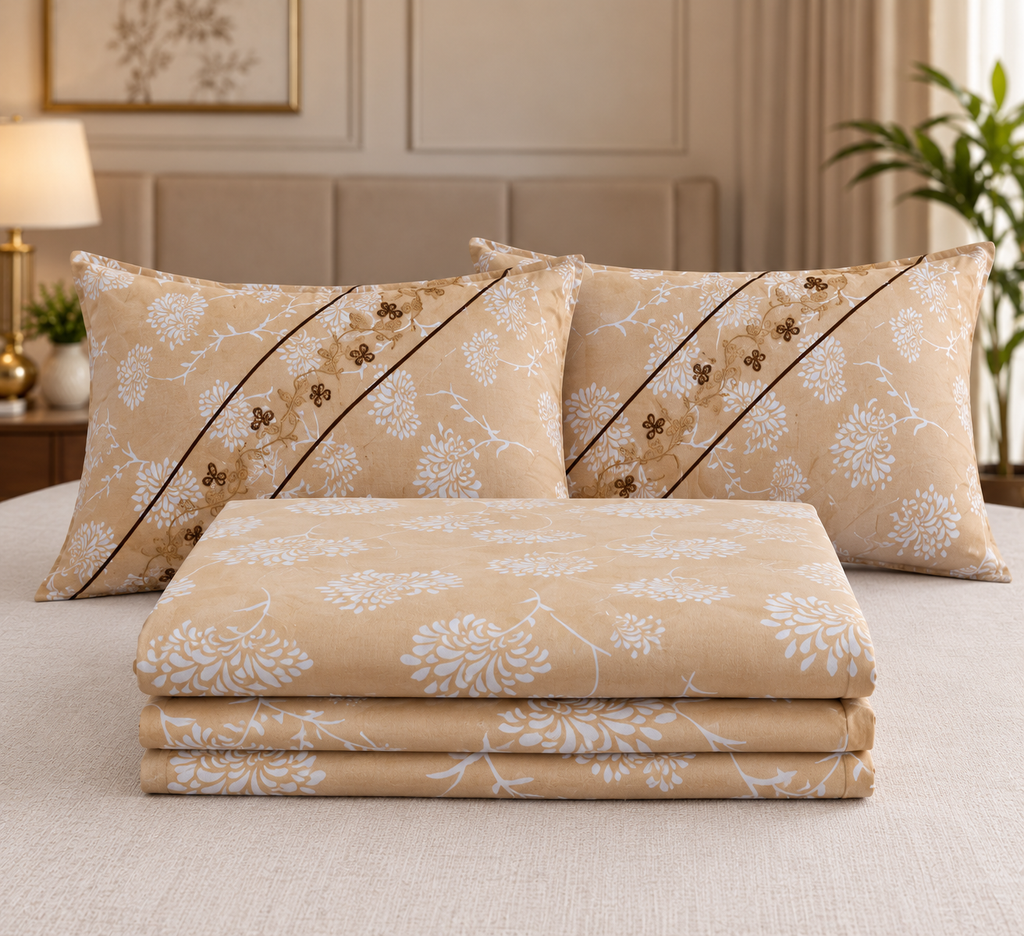 Premium Beige Floral Bedsheet Set