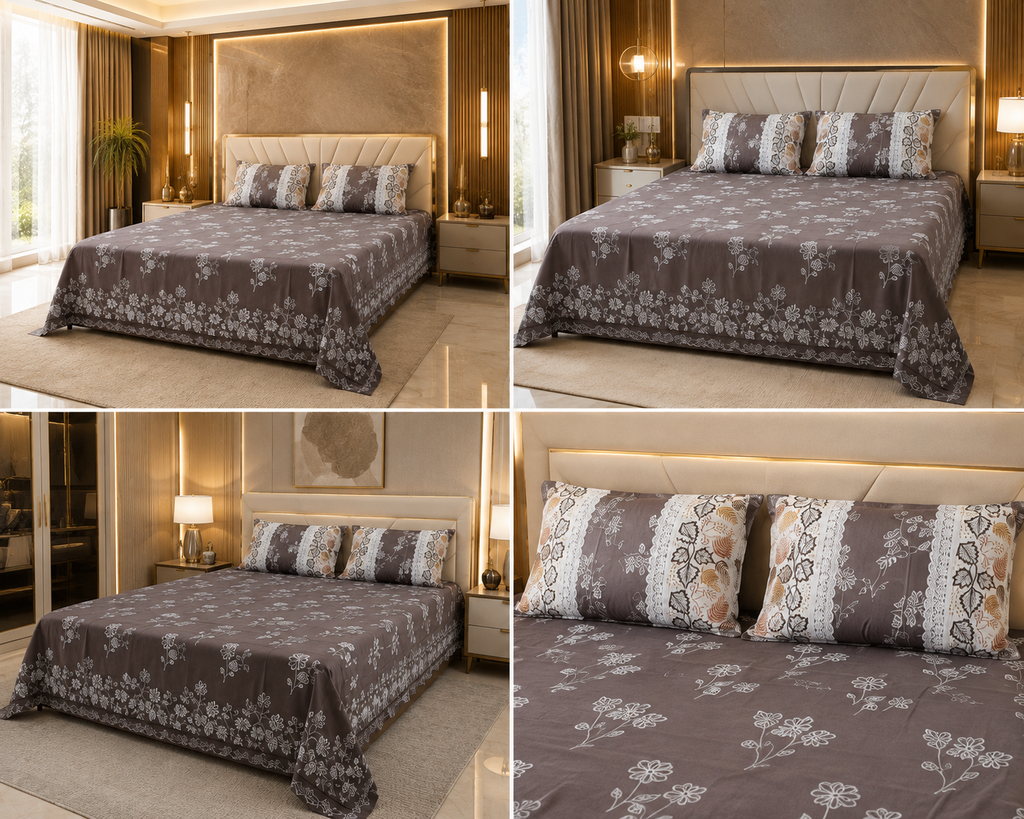 dark grey/charcoal leaf-pattern bedsheet