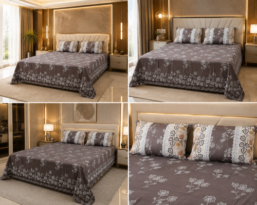 dark grey/charcoal leaf-pattern bedsheet